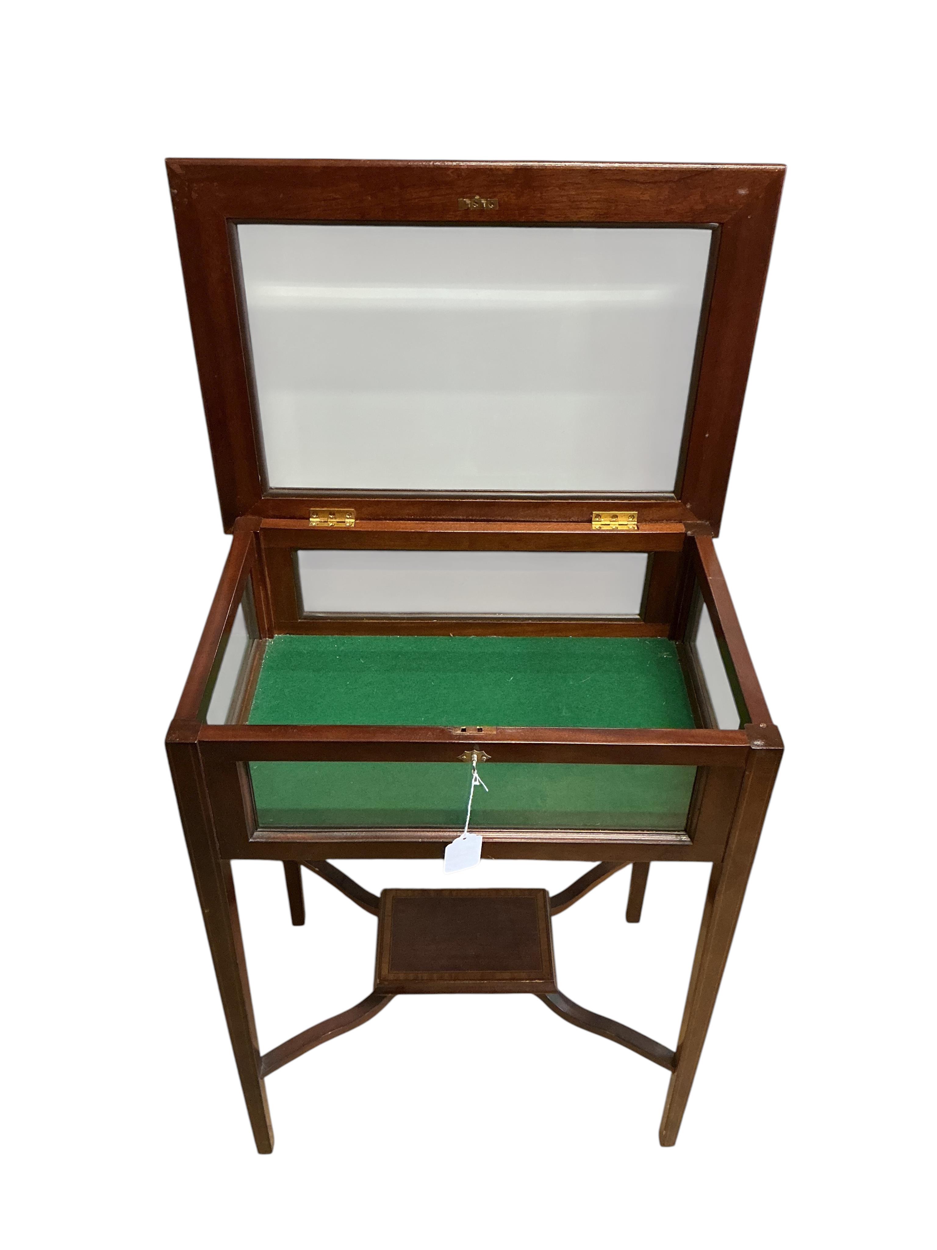 An Edwardian style satinwood banded mahogany hinged top bijouterie table, width 58cm, depth 40cm, height 76cm